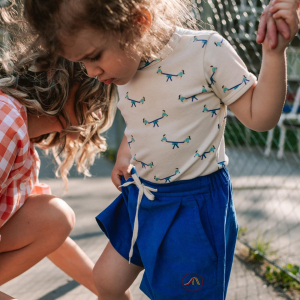 our joyful seesaw buddies pattern was created by the illustrator @bianka_torokova and the playful embroidered slide by the illustrator @illbara both fit the spirit of the new collection so well! 😉💙 #milestreetfriends #kidsshorts #babybodysuit #forkids #kamosizmilejulice #madeinslovakia